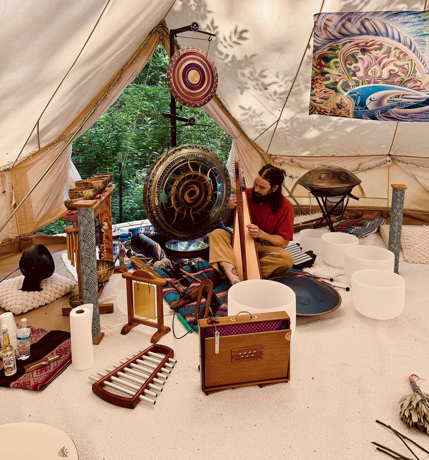 Sound tent with harp and bowls